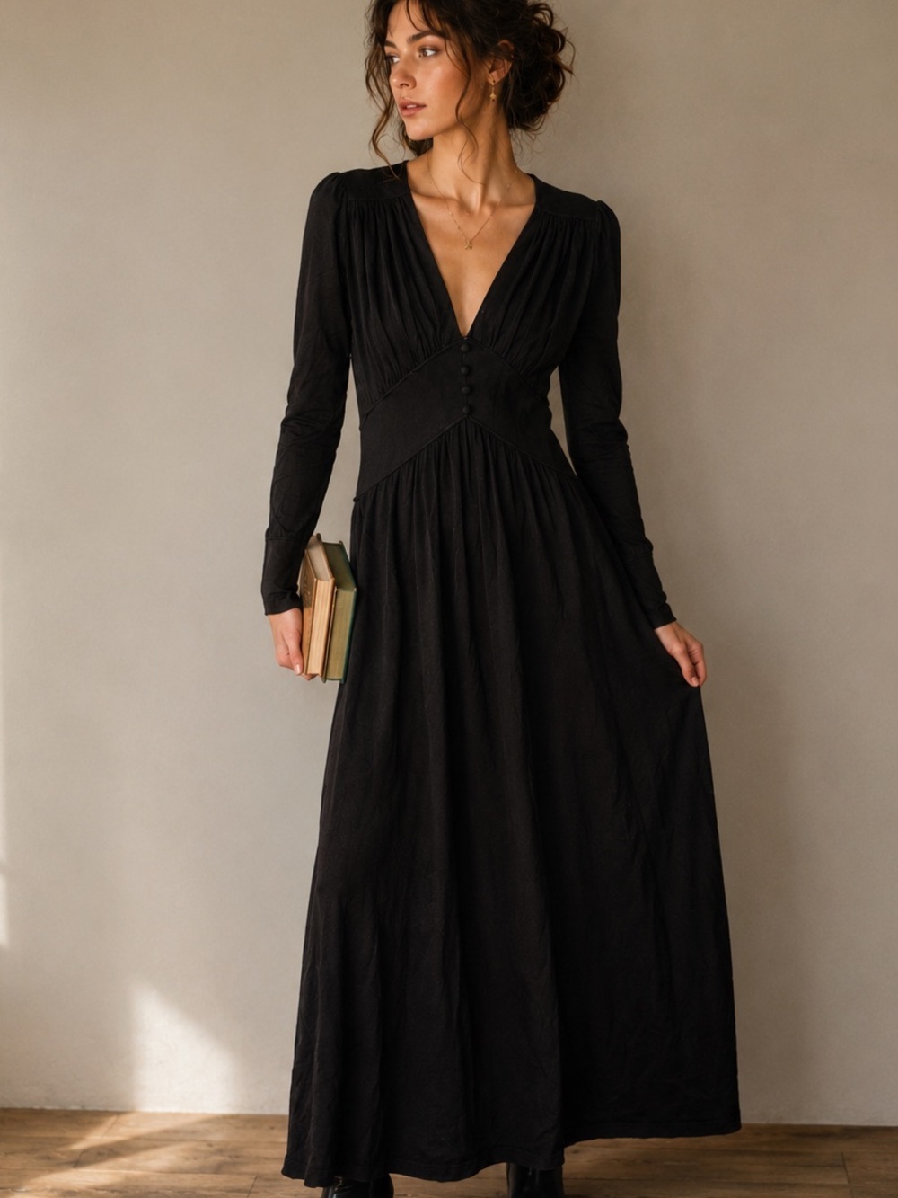 Zara Knit Longsleeve black Maxi dress with vneck and buttons